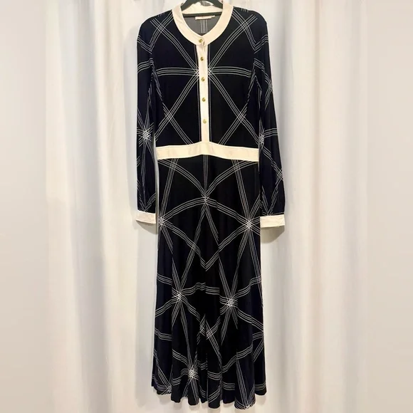 Tory Burch Anja Dress Women’s Medium Black Midi Silk Buttons Old Money Modest - Picture 10 of 11